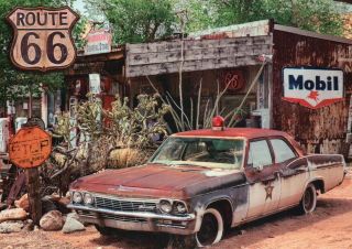 Old Police Car Route 66 Gas Station Mobil Sign Illinois To California - Postcard