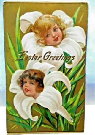 1910 Postcard Easter Greetings,  2 Girls Heads In Lilies