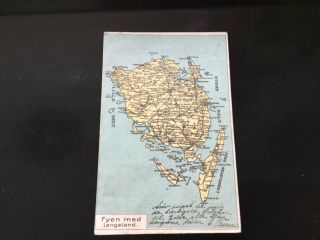 Vintage Postcard Map Fyen Med Langeland Denmark.  Posted 1915 V.  Mullers