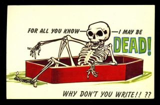 1970s Skeleton Coffin Dead Comic Why Dont You Write Scenic Art Old Postcard B71