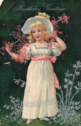 Vintage Birthday Greeting Embossed Postcard: Little Girl In Pretty Dress & Hat