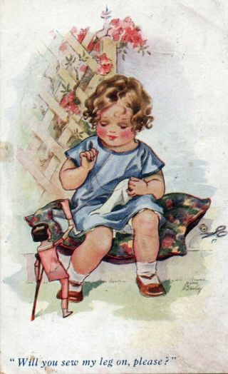 Vintage Postcard: Little Girl Sewing Doll With Missing Leg By Nina Brisley
