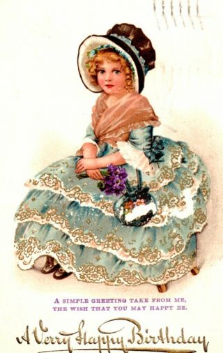 Vintage Birthday Greeting Postcard: Little Girl In Crinoline Dress & Bonnet