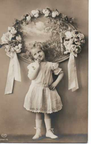 Vintage Postcard: Little Girl In Pretty Dress Rural Scene & Flower Garland