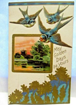 1910 Postcard May Golden Days Be Yours,  3 Bluebirds,  Lake Scene