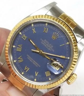 16013 Rolex Datejust 18k Gold SS Mens Scarce Blue Dial Quickset Watch 2