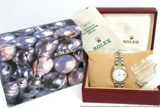 69173 Rolex Datejust Ladies 18k Gold Ss White Dial Quickset Watch Box Papers