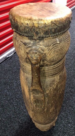 Antique Kuba Tribe African Ceremony Drum Carved Braided Hand Handle Congo Africa