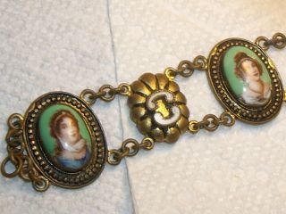 Antique Victorian 4 Panel Czech Cameo / Portrait Enamel Brass Bracelet