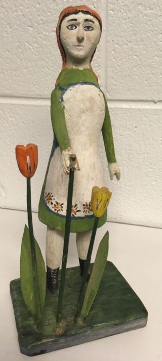 Great Old American Folk Art Carved And Painted Wood Woman W Tulips Figure Statue