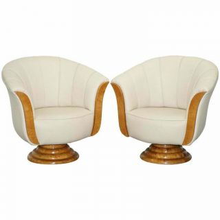 Restored Art Deco Tulip Armchairs Cream Leather Burr Walnut