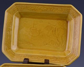 PAIR 19THC CHINESE CARVED YELLOW GLAZE LANDSCAPE SCHOLARS TRAY DISHES 2