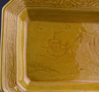 PAIR 19THC CHINESE CARVED YELLOW GLAZE LANDSCAPE SCHOLARS TRAY DISHES 3