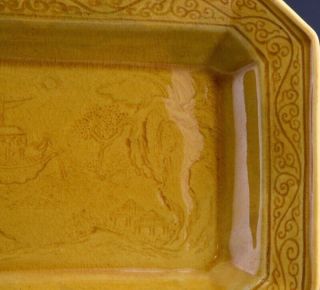 PAIR 19THC CHINESE CARVED YELLOW GLAZE LANDSCAPE SCHOLARS TRAY DISHES 4
