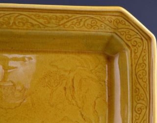 PAIR 19THC CHINESE CARVED YELLOW GLAZE LANDSCAPE SCHOLARS TRAY DISHES 5