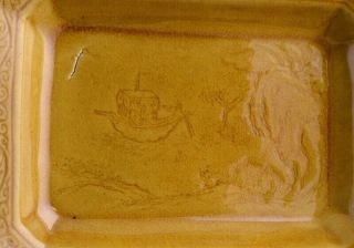 PAIR 19THC CHINESE CARVED YELLOW GLAZE LANDSCAPE SCHOLARS TRAY DISHES 6
