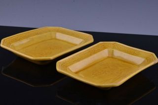 PAIR 19THC CHINESE CARVED YELLOW GLAZE LANDSCAPE SCHOLARS TRAY DISHES 7