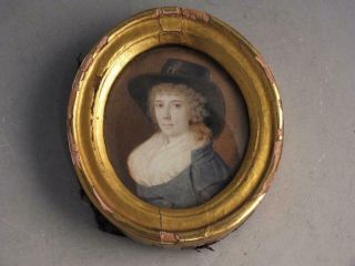 Antique 18th Or 19th Century Miniature Portrait Of A Woman With A Big Hat