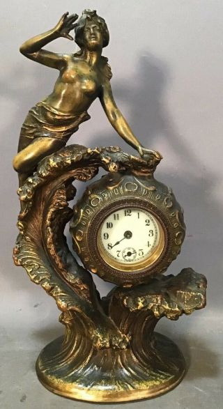 Antique Art Nouveau Era Bronzed Figural Nude Lady Statue Old Boudoir Clock