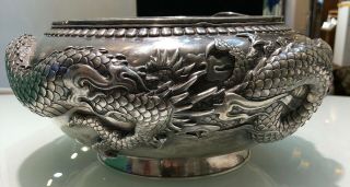 Oriental Sterling Silver Ornate Dragon Bowl Chinese 1900s 2957 grams 13 