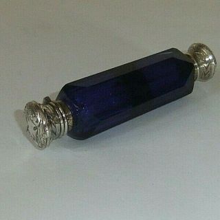Victorian Silver Bristol Blue Glass Double Scent Bottle.  Unmarked Tests Silver.