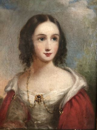 " Lady In White & Red Dress " Antique 18th Century French Portrait Oil Painting
