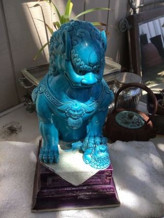 Antique/vintage Chinese Export Large Glazed Torquise Porcelain Foo Dog Signed Fu
