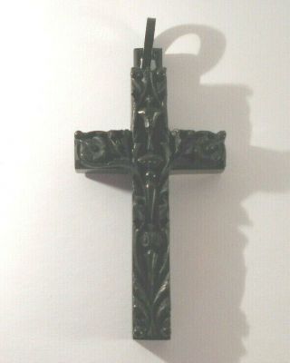 Antique VTG hand - carved EBONY Wood Pectoral Rosary CROSS - Ornate 3.  25 