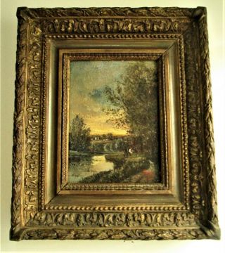 19th Century French River Landscape Antique Oil Painting Framed.  Signed