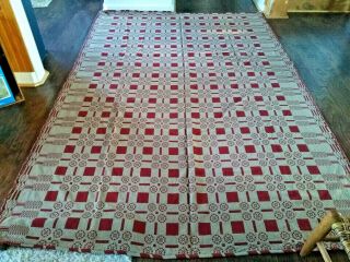 Primitive Family Heirloom Weavers Woven Coverlet Quilt Blanket Barn Red 98x67
