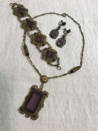 Antique Filigree Amethyst Paste Pendant Necklace,  Bracelet,  Earring Set Czech?