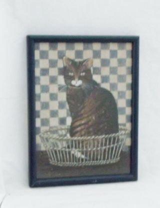 " Alex " Cat In Basket By David Carter Brown 1996 Print Blue Wood 10 X 13 " Frame