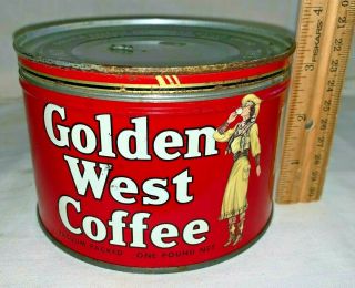 Antique Golden West Coffee Tin Litho 1lb Keywind Can Cowgirl Portland Or Grocery