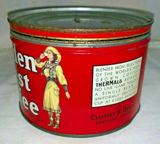 ANTIQUE GOLDEN WEST COFFEE TIN LITHO 1LB KEYWIND CAN COWGIRL PORTLAND OR GROCERY 2