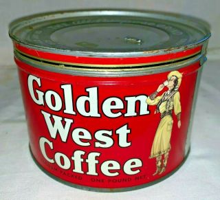 ANTIQUE GOLDEN WEST COFFEE TIN LITHO 1LB KEYWIND CAN COWGIRL PORTLAND OR GROCERY 4