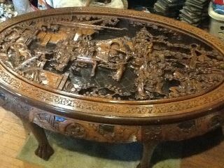 Vintage Chinese Teak Wood Hand Carved Tea Table - 6 Tuck Under Stools W/glass Top