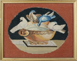 Antique Grand Tour Needlepoint Tapestry Picture Capitoline Doves Of Pliny 19th C
