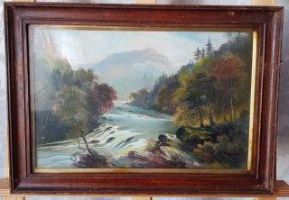 Antique George Willis - Pryce Oil Painting Of A Romantic Mountain Landscape Glazed