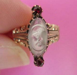 10K ANTIQUE VINTAGE VICTORIAN ART DECO CARVED MOONSTONE MAN IN THE MOON RING WOW 12