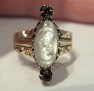 10K ANTIQUE VINTAGE VICTORIAN ART DECO CARVED MOONSTONE MAN IN THE MOON RING WOW 2