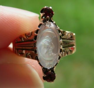 10K ANTIQUE VINTAGE VICTORIAN ART DECO CARVED MOONSTONE MAN IN THE MOON RING WOW 3