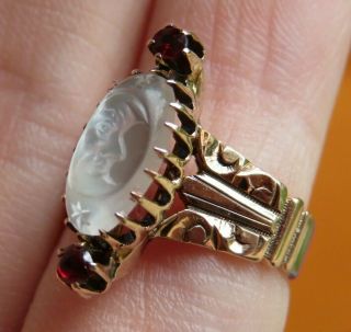 10K ANTIQUE VINTAGE VICTORIAN ART DECO CARVED MOONSTONE MAN IN THE MOON RING WOW 4