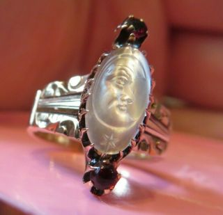 10K ANTIQUE VINTAGE VICTORIAN ART DECO CARVED MOONSTONE MAN IN THE MOON RING WOW 5