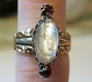 10K ANTIQUE VINTAGE VICTORIAN ART DECO CARVED MOONSTONE MAN IN THE MOON RING WOW 6