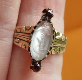 10K ANTIQUE VINTAGE VICTORIAN ART DECO CARVED MOONSTONE MAN IN THE MOON RING WOW 8