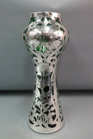 Antique Art Nouveau Alvin Large Green Glass W/ Sterling Silver Overlay 14 " Vase