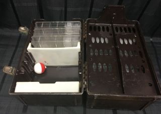 Vintage 6 Tray Tackle Box w Tackle Bobber Daiwa Reel Fishing Line Sears Brown 7