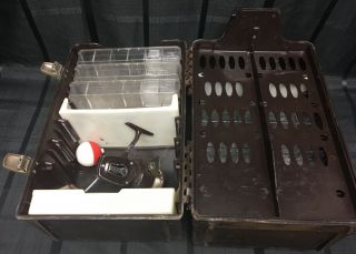 Vintage 6 Tray Tackle Box w Tackle Bobber Daiwa Reel Fishing Line Sears Brown 8