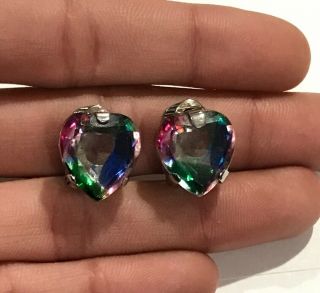 Antique 835 Sterling Silver Faceted Iris Rainbow Glass Stud Clip On Earrings
