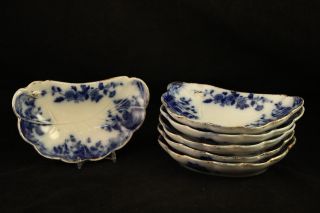 Antique Wh Grindley China England Flow Blue Ironstone Merion Leaf Dish Set Of 6